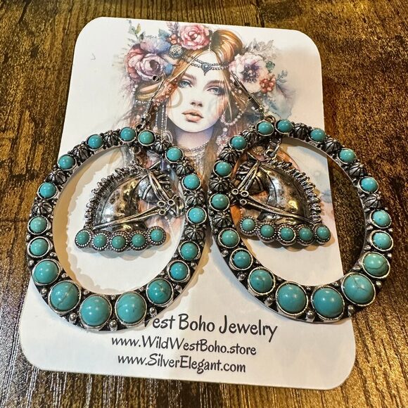 Boho Vibrant Turquoise Horse Estuarian Charm Statement Earrings , Gift Box - Picture 10 of 11